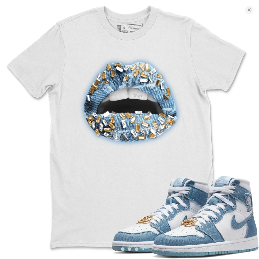 White Graphic Tee with Denim Bejeweled Lips